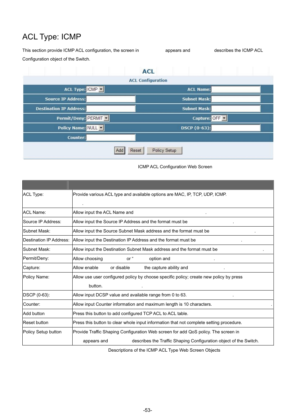 Acl type: icmp | PLANET GSW-4804SF User Manual | Page 53 / 113