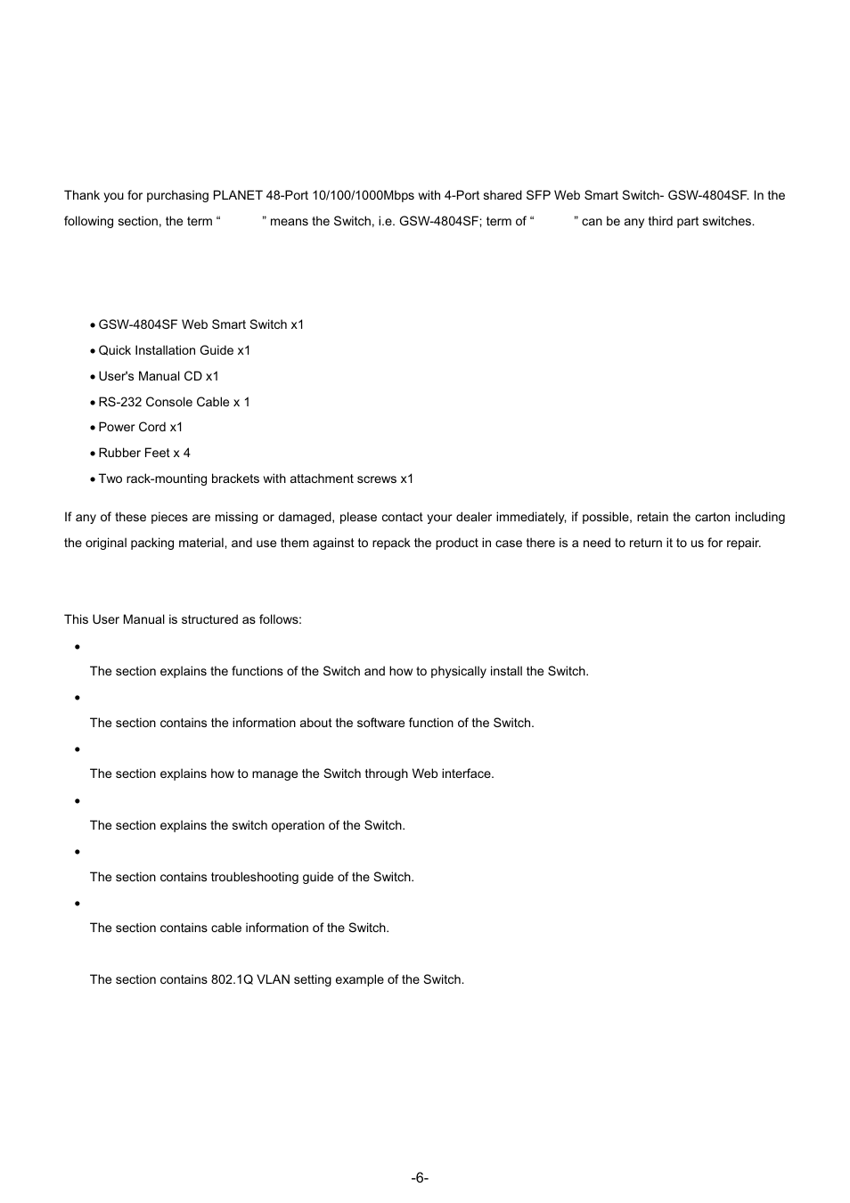 Introduction, 1 packet contents, 2 how to use this manual | PLANET GSW-4804SF User Manual | Page 6 / 113