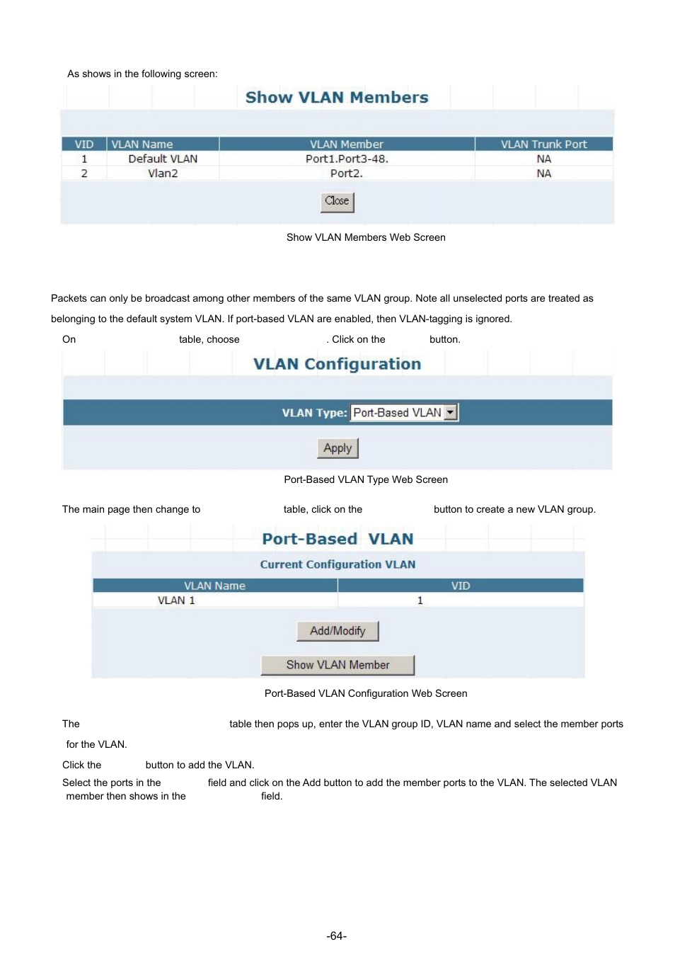 Port-based vlan configuration | PLANET GSW-4804SF User Manual | Page 64 / 113