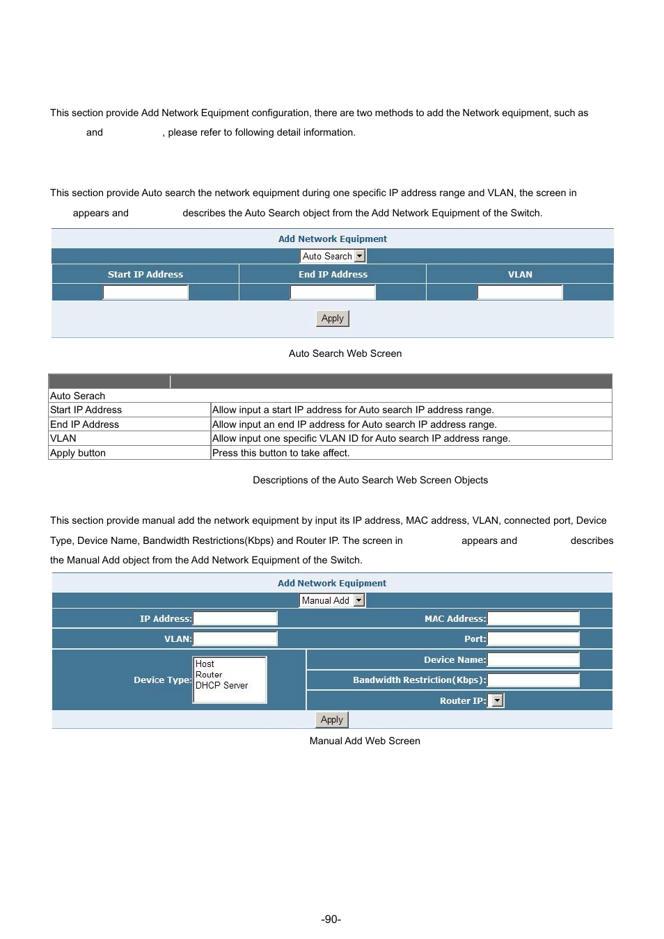 Add network equipment, Auto search, Manual add | PLANET GSW-4804SF User Manual | Page 90 / 113