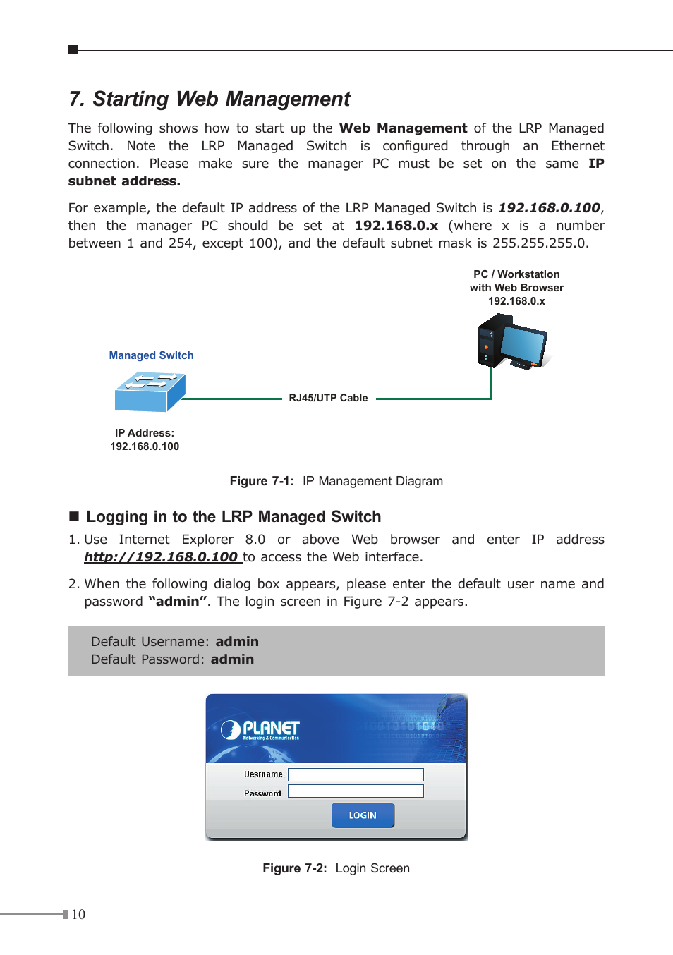 Starting web management, Logging in to the lrp managed switch | PLANET LRP-822CS User Manual | Page 10 / 20