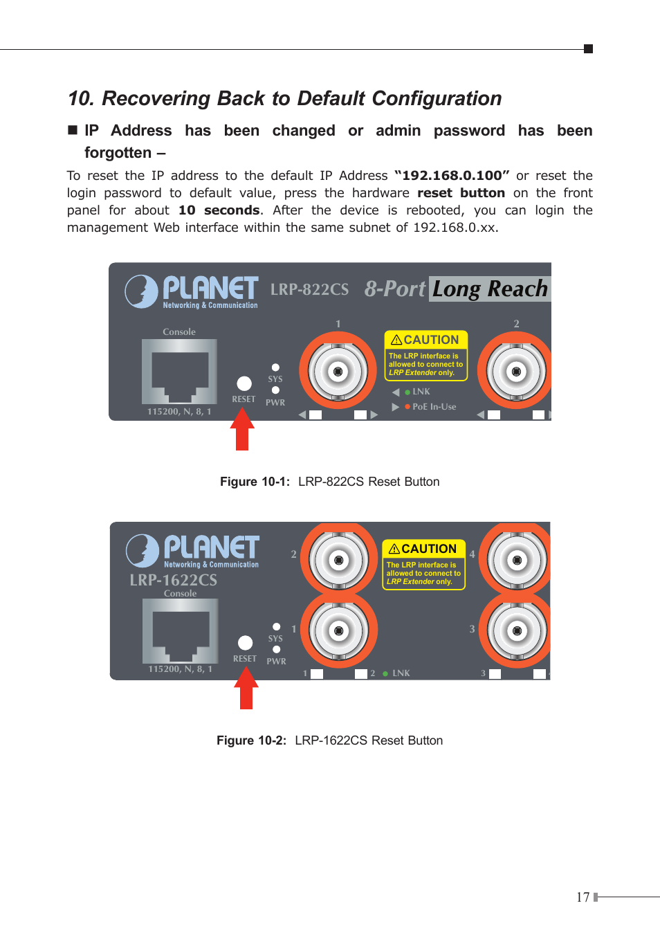 Recovering back to default configuration, Lrp-822cs, Lrp-1622cs | PLANET LRP-822CS User Manual | Page 17 / 20