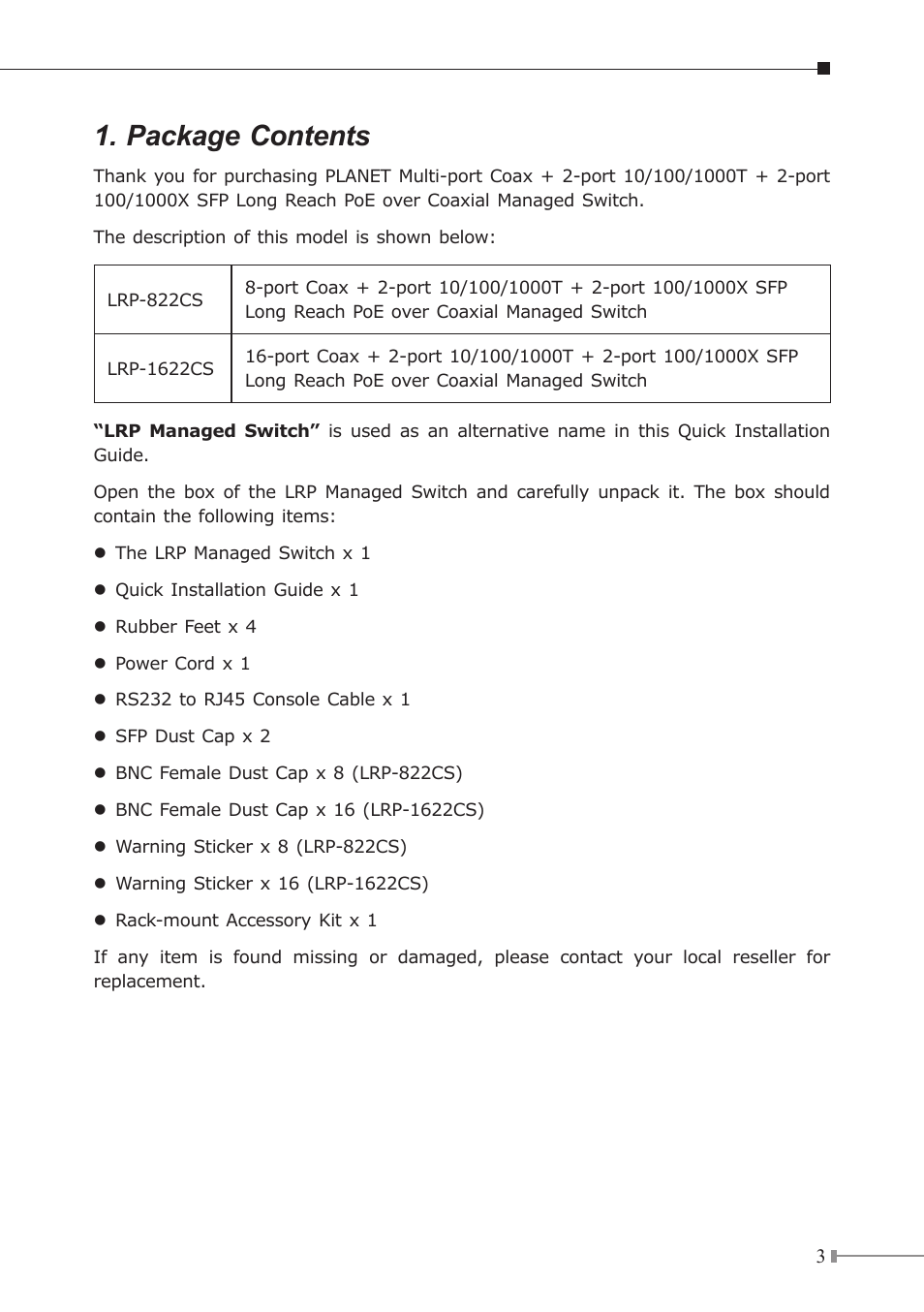 Package contents | PLANET LRP-822CS User Manual | Page 3 / 20