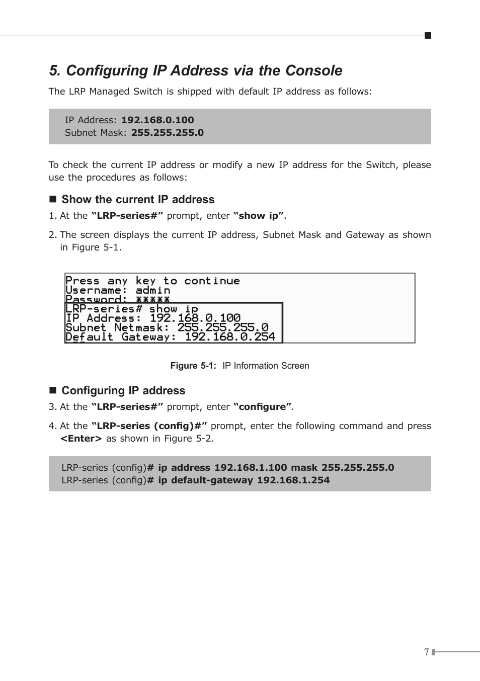 Configuring ip address via the console | PLANET LRP-822CS User Manual | Page 7 / 20