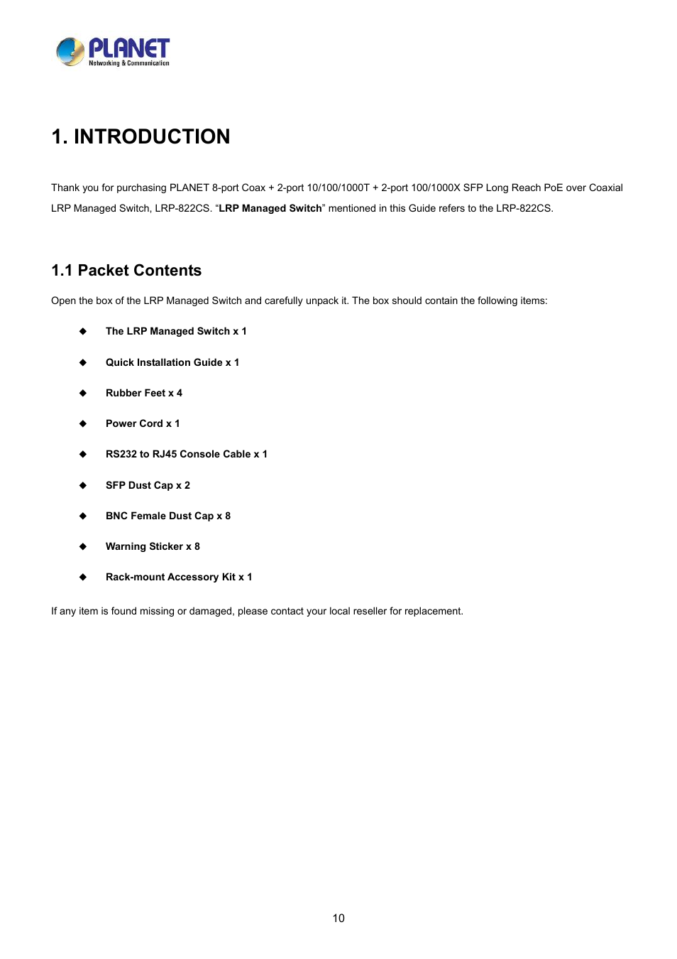 Introduction, 1 packet contents | PLANET LRP-822CS User Manual | Page 10 / 346