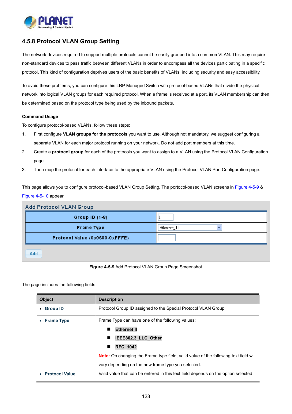 8 protocol vlan group setting | PLANET LRP-822CS User Manual | Page 123 / 346