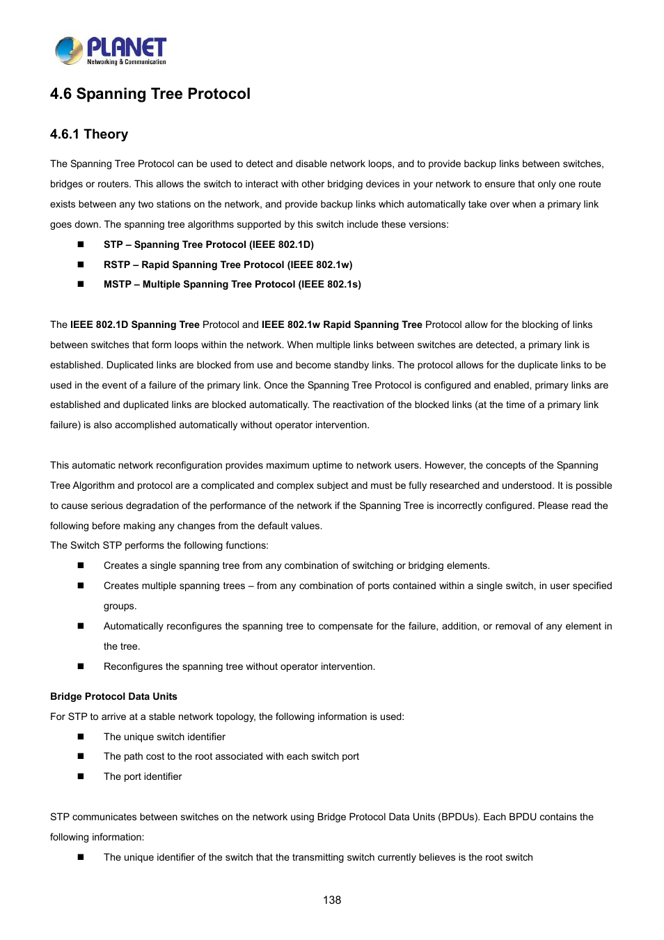 6 spanning tree protocol, 1 theory | PLANET LRP-822CS User Manual | Page 138 / 346