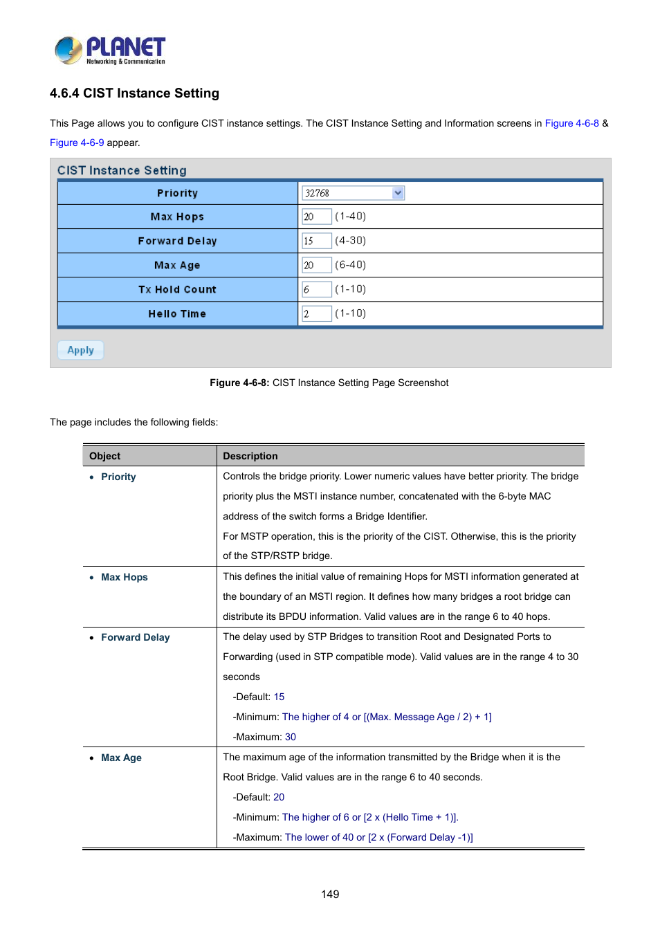 4 cist instance setting | PLANET LRP-822CS User Manual | Page 149 / 346