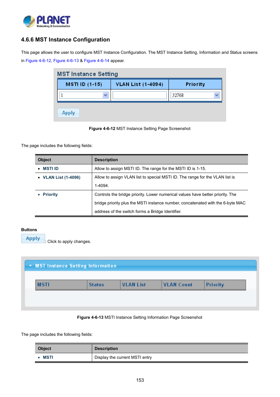 6 mst instance configuration | PLANET LRP-822CS User Manual | Page 153 / 346