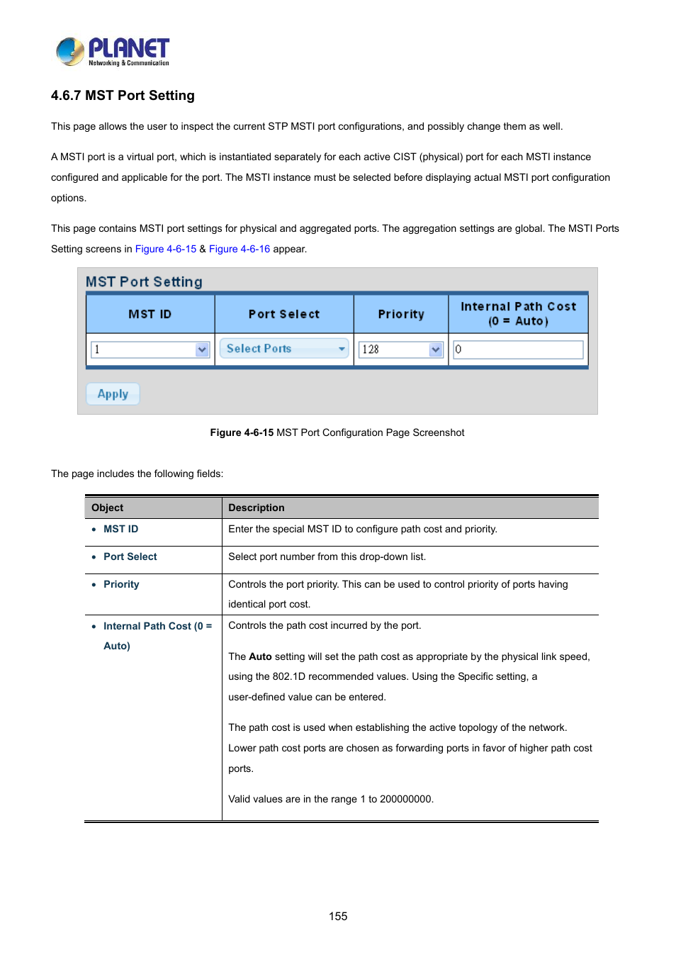 7 mst port setting | PLANET LRP-822CS User Manual | Page 155 / 346