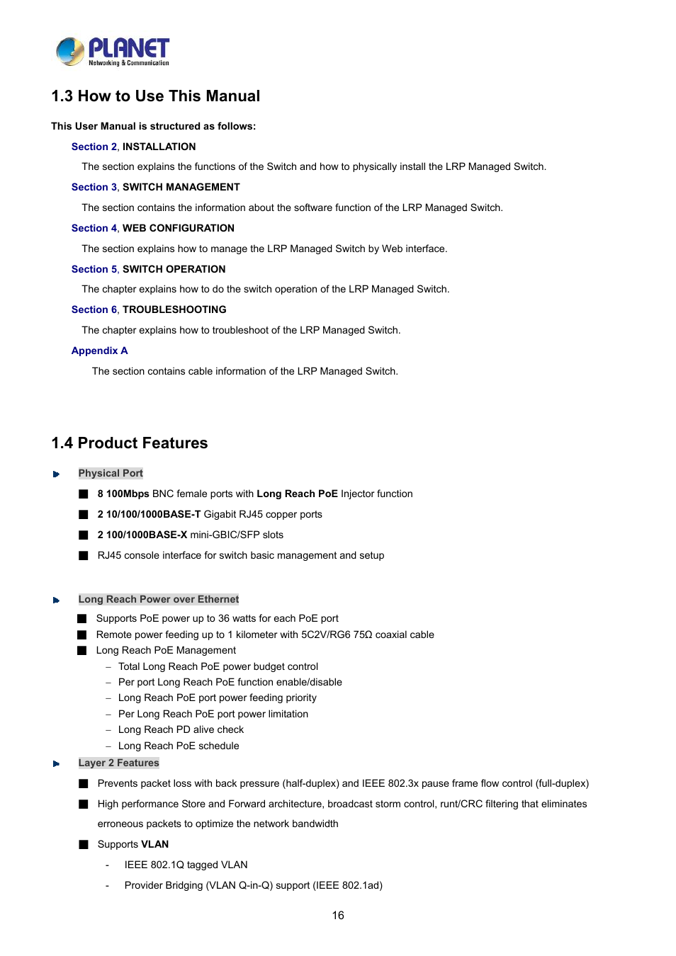 3 how to use this manual, 4 product features | PLANET LRP-822CS User Manual | Page 16 / 346