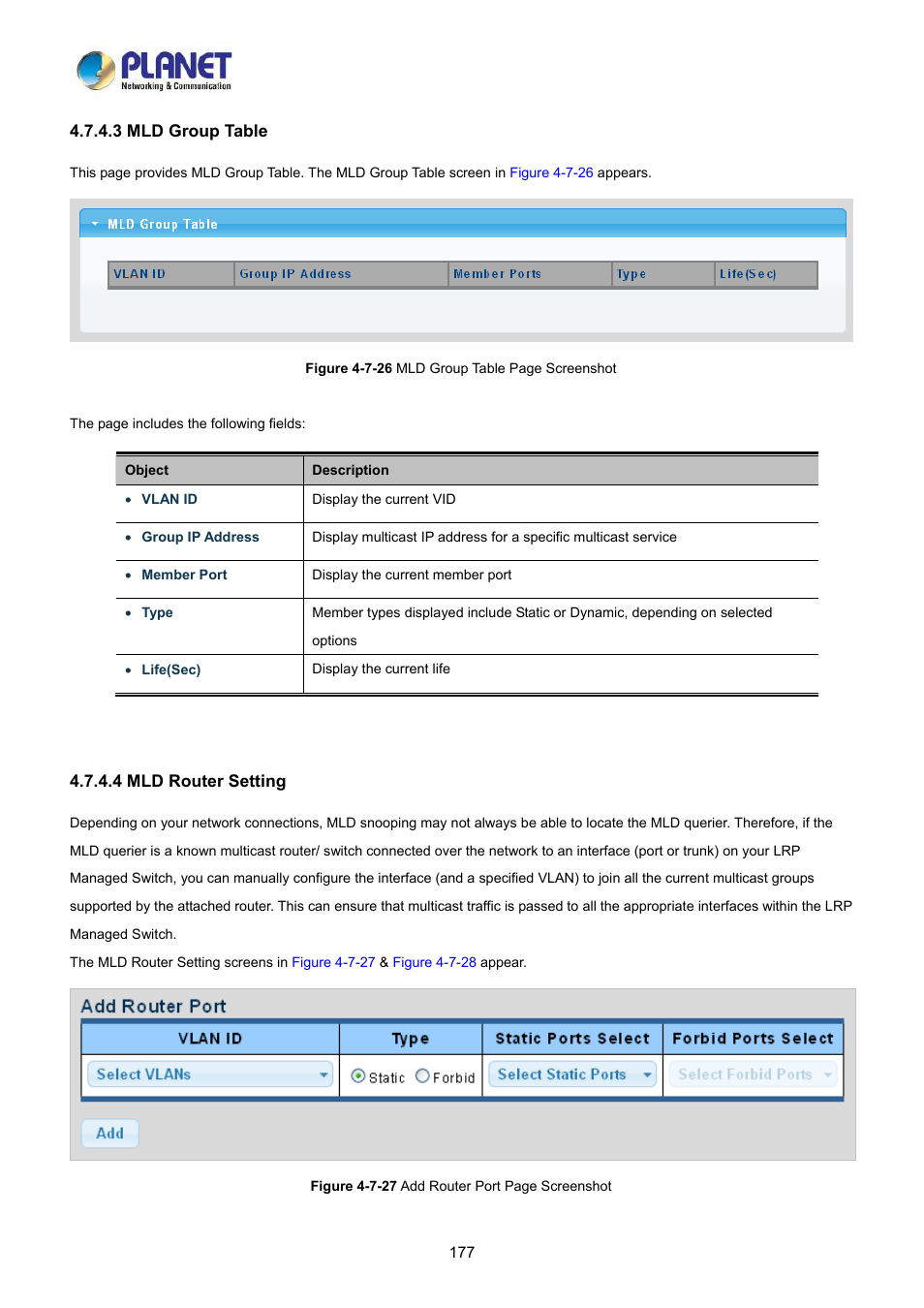 3 mld group table, 4 mld router setting | PLANET LRP-822CS User Manual | Page 177 / 346