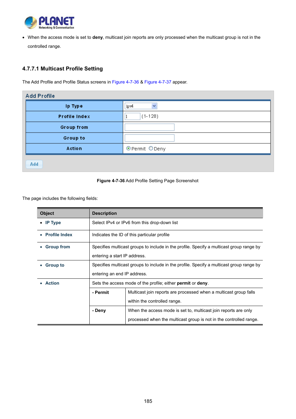 1 multicast profile setting | PLANET LRP-822CS User Manual | Page 185 / 346