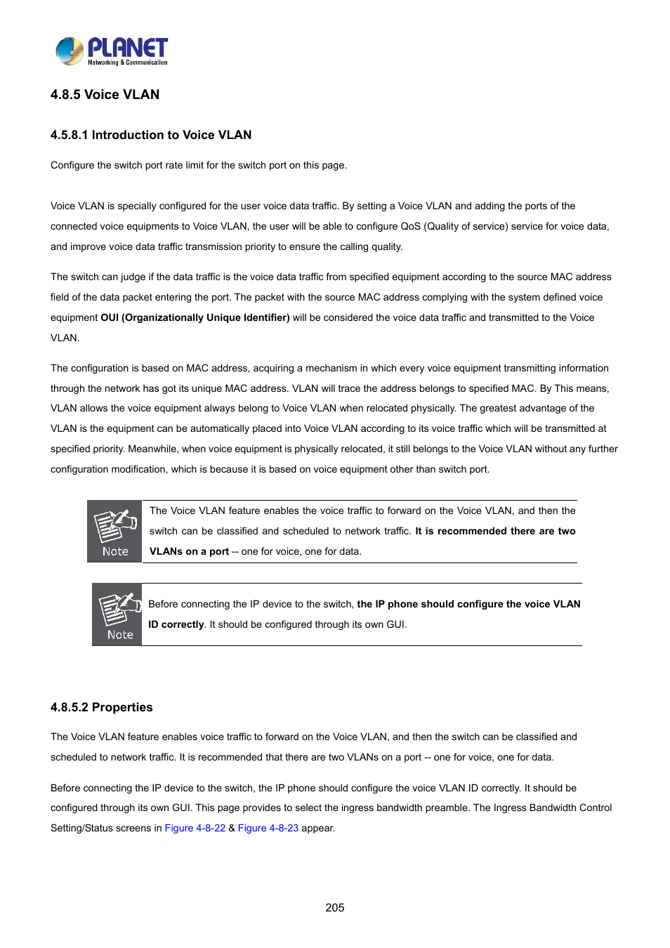 5 voice vlan, 1 introduction to voice vlan, 2 properties | PLANET LRP-822CS User Manual | Page 205 / 346