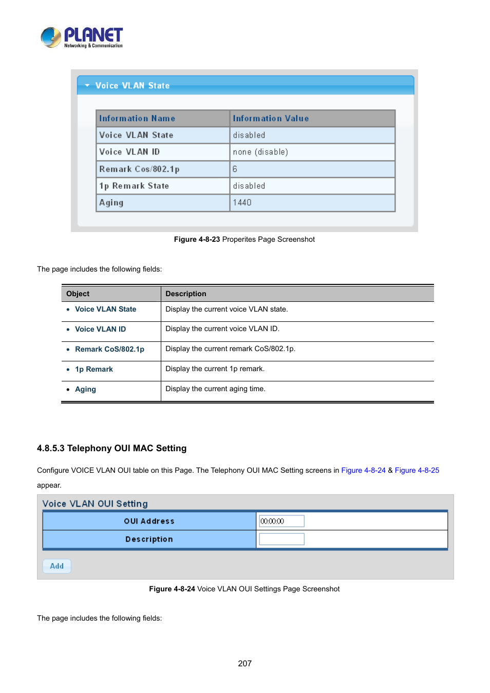 3 telephony oui mac setting | PLANET LRP-822CS User Manual | Page 207 / 346