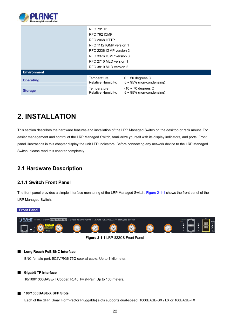 Installation, 1 hardware description, 1 switch front panel | PLANET LRP-822CS User Manual | Page 22 / 346