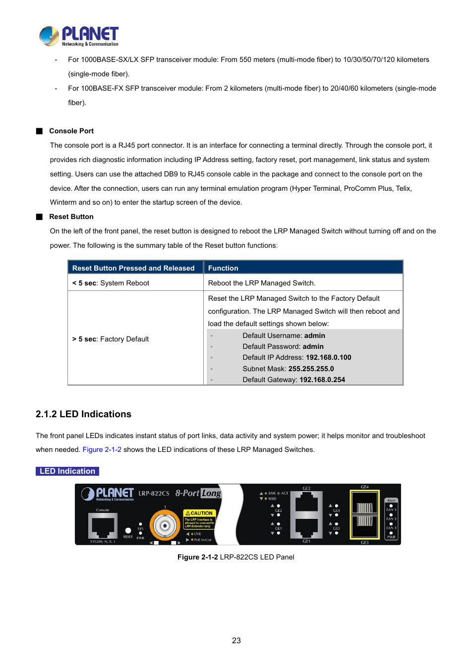 2 led indications | PLANET LRP-822CS User Manual | Page 23 / 346