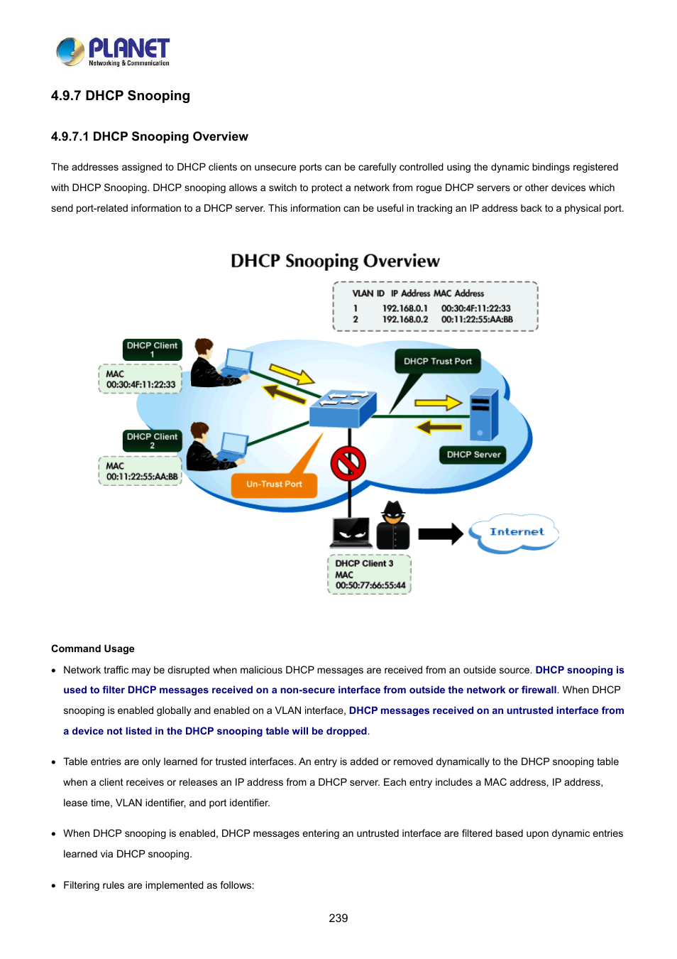 7 dhcp snooping, 1 dhcp snooping overview | PLANET LRP-822CS User Manual | Page 239 / 346