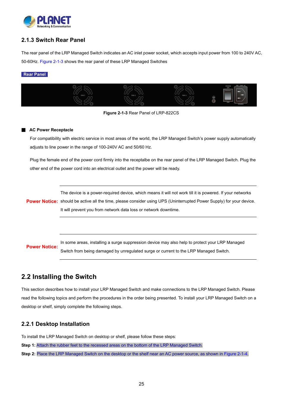 3 switch rear panel, 2 installing the switch, 1 desktop installation | PLANET LRP-822CS User Manual | Page 25 / 346