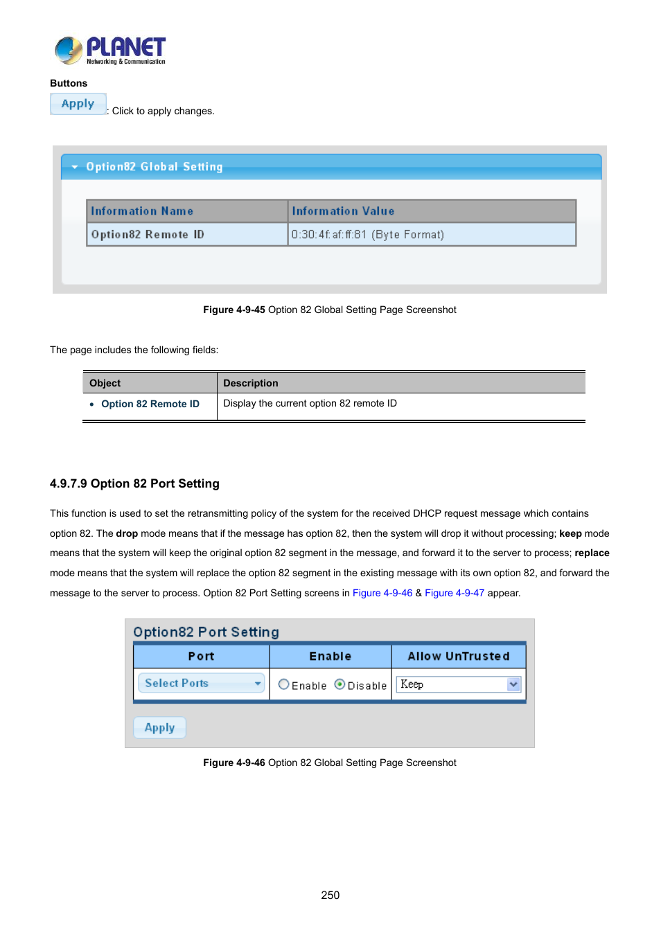 9 option 82 port setting | PLANET LRP-822CS User Manual | Page 250 / 346