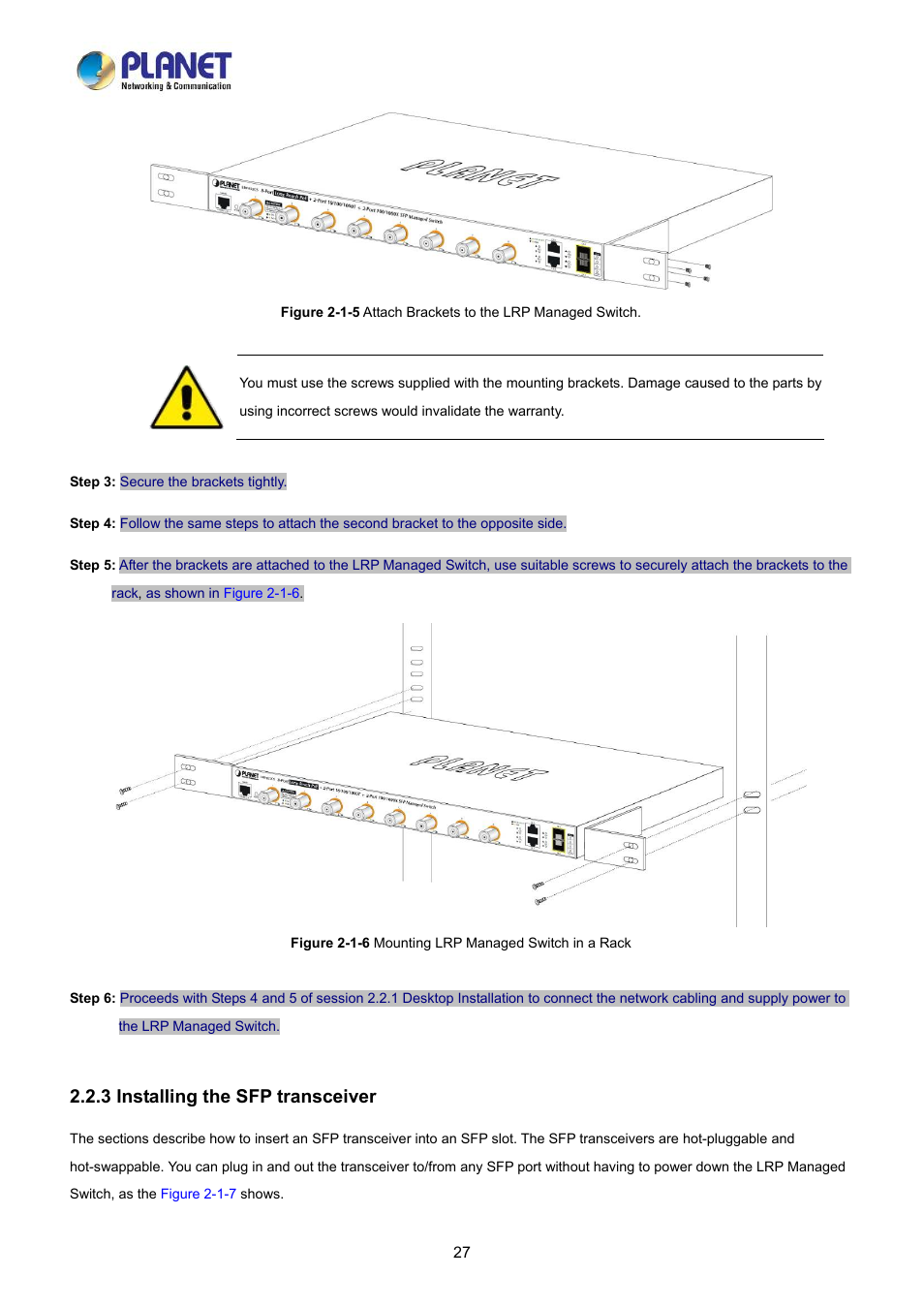 3 installing the sfp transceiver | PLANET LRP-822CS User Manual | Page 27 / 346