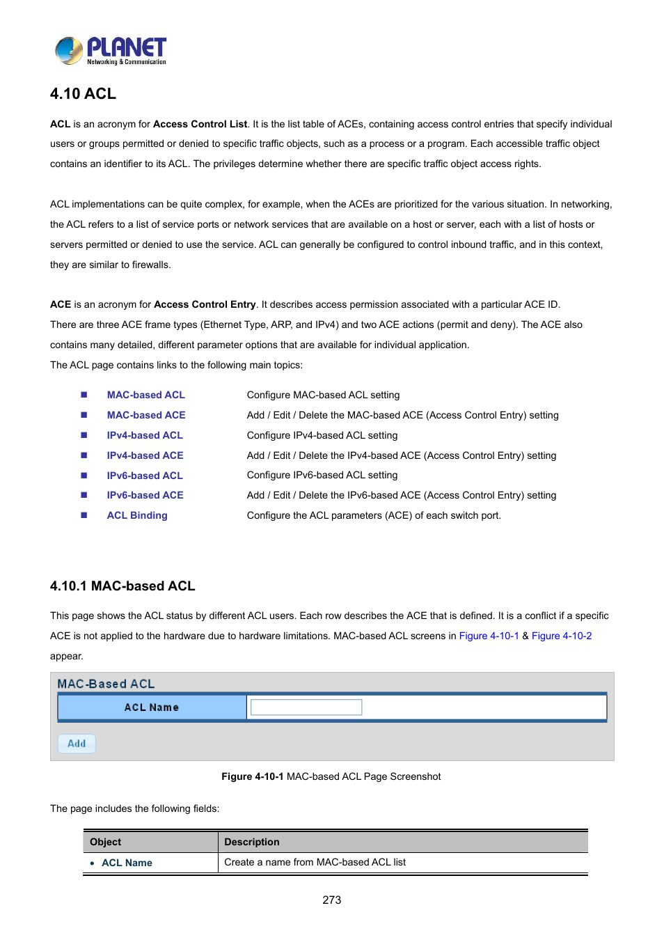 10 acl, 1 mac-based acl | PLANET LRP-822CS User Manual | Page 273 / 346