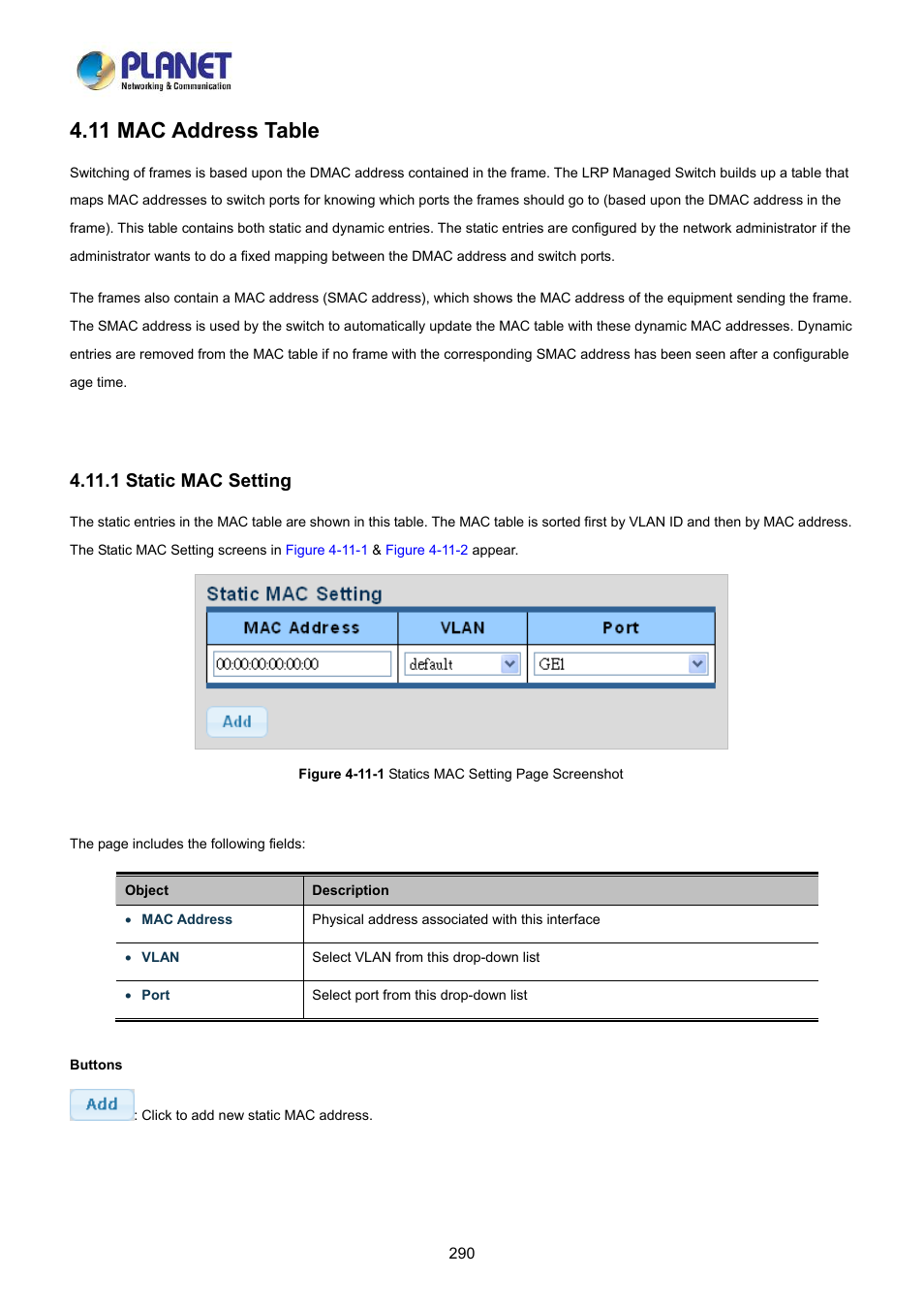 11 mac address table, 1 static mac setting | PLANET LRP-822CS User Manual | Page 290 / 346