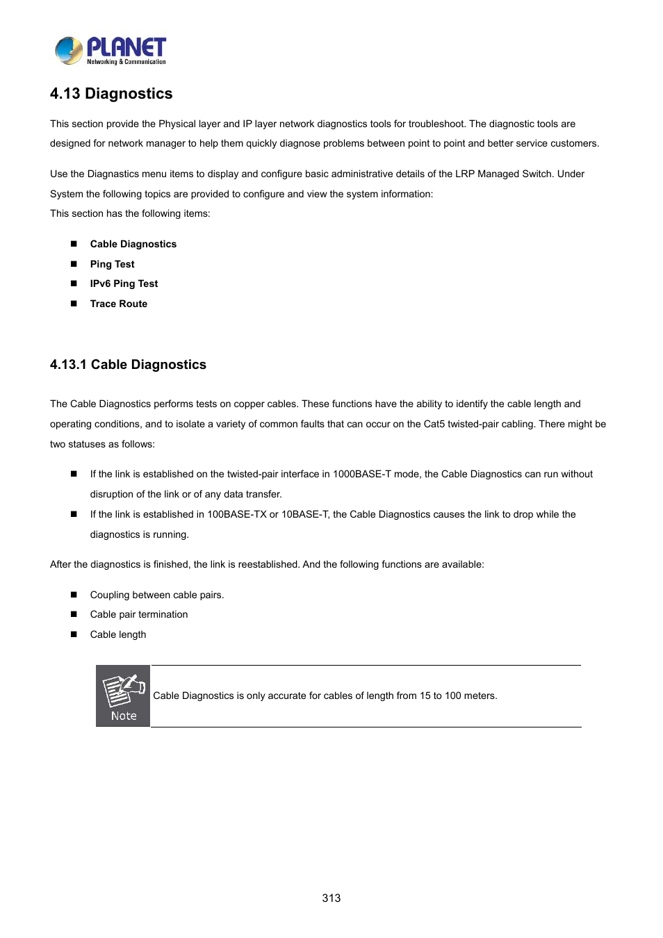 13 diagnostics, 1 cable diagnostics | PLANET LRP-822CS User Manual | Page 313 / 346