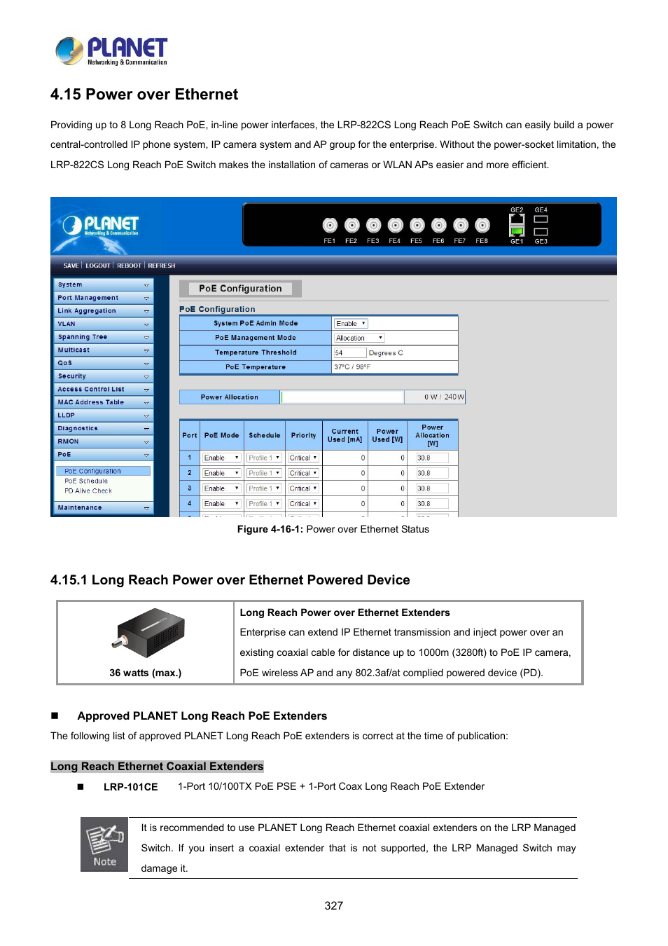 15 power over ethernet, 1 long reach power over ethernet powered device | PLANET LRP-822CS User Manual | Page 327 / 346