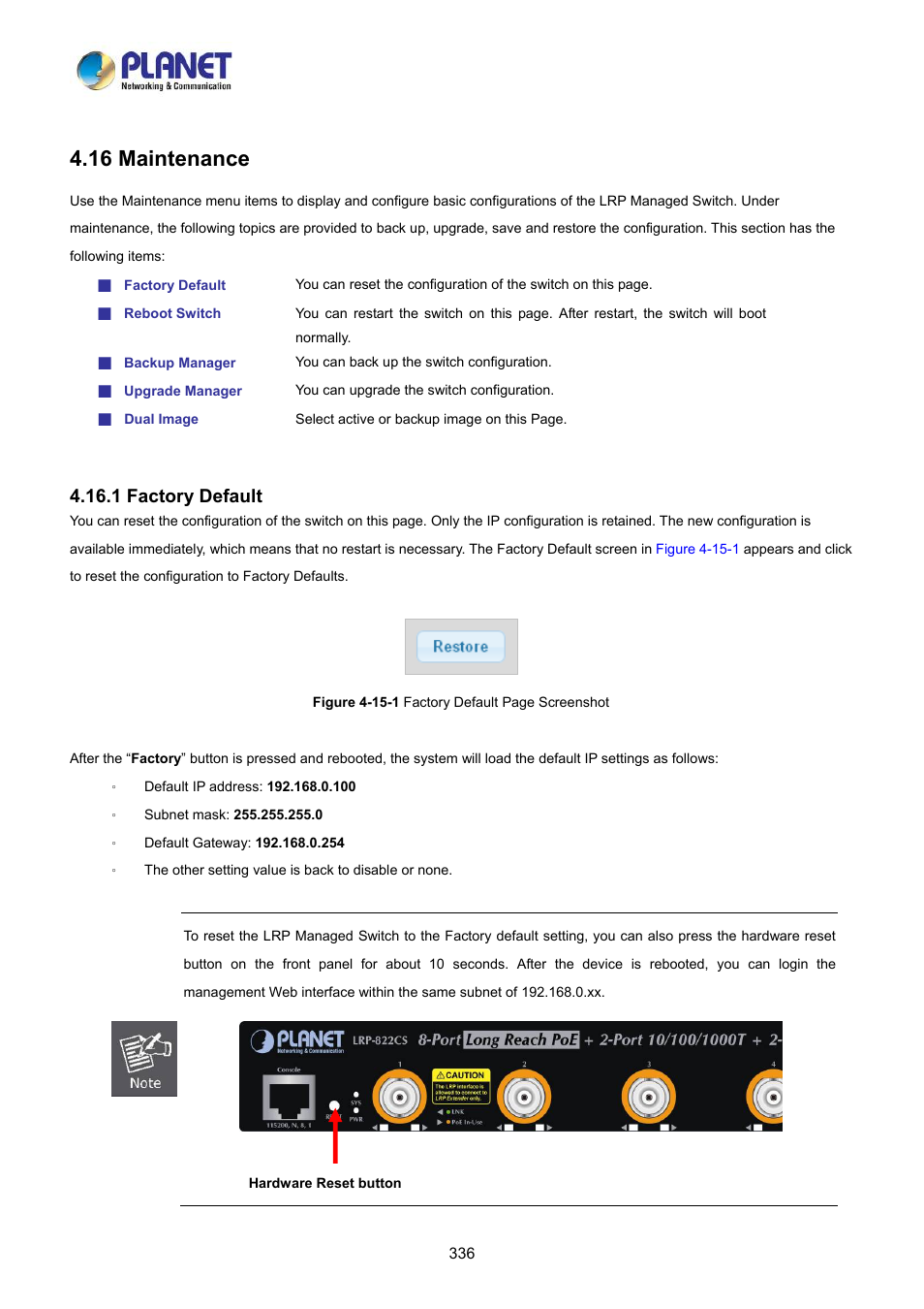 16 maintenance, 1 factory default | PLANET LRP-822CS User Manual | Page 336 / 346