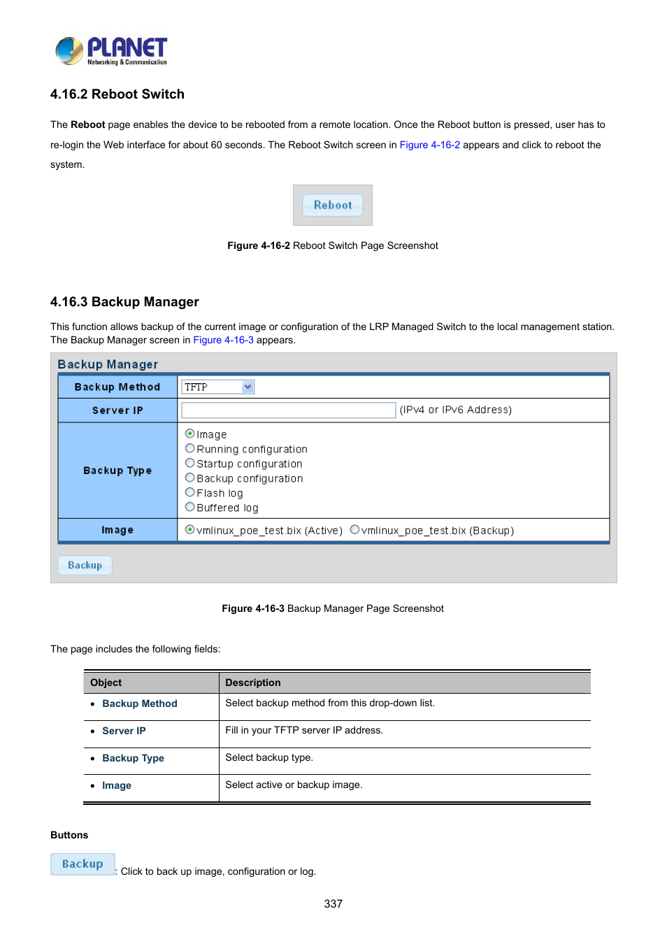 2 reboot switch, 3 backup manager | PLANET LRP-822CS User Manual | Page 337 / 346