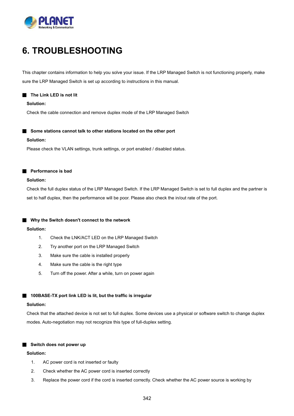 Troubleshooting | PLANET LRP-822CS User Manual | Page 342 / 346