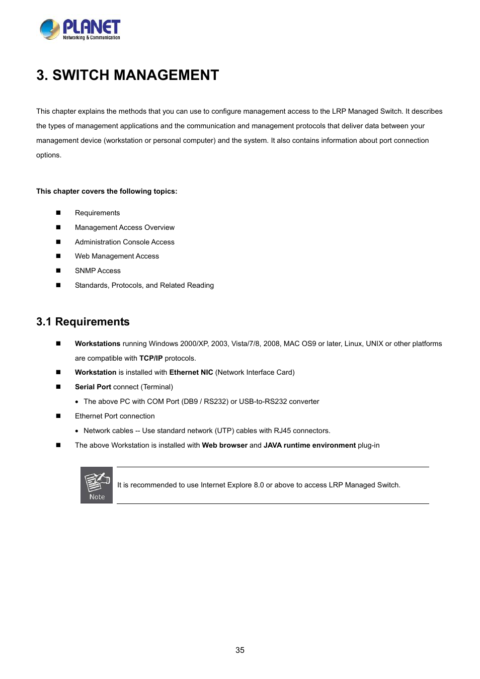 Switch management, 1 requirements | PLANET LRP-822CS User Manual | Page 35 / 346