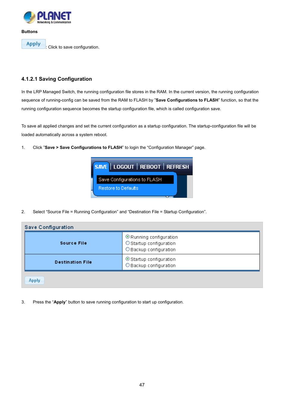 1 saving configuration | PLANET LRP-822CS User Manual | Page 47 / 346