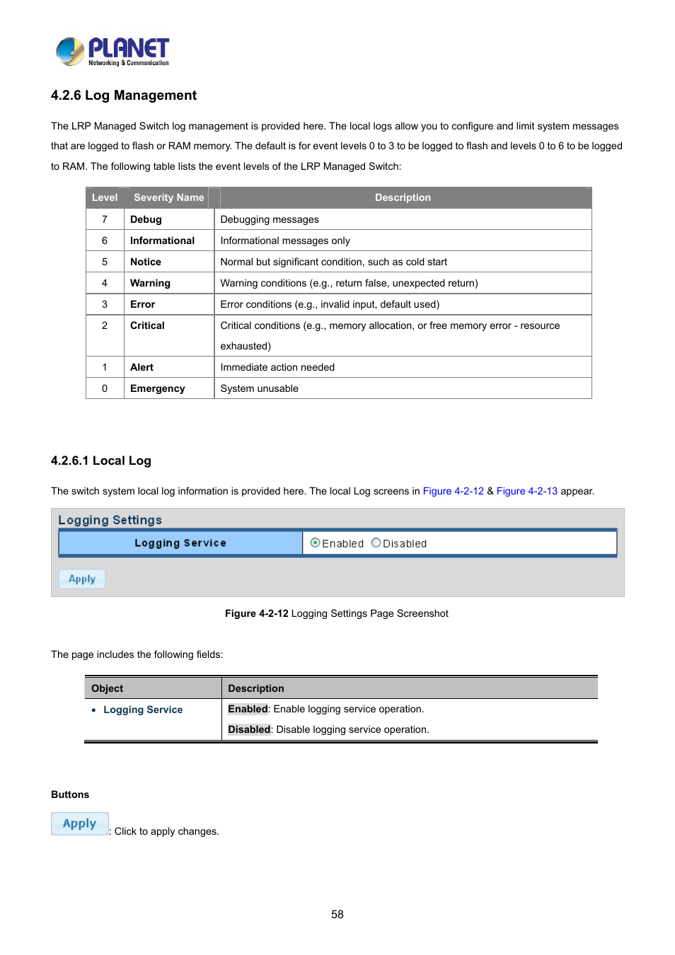 6 log management, 1 local log | PLANET LRP-822CS User Manual | Page 58 / 346