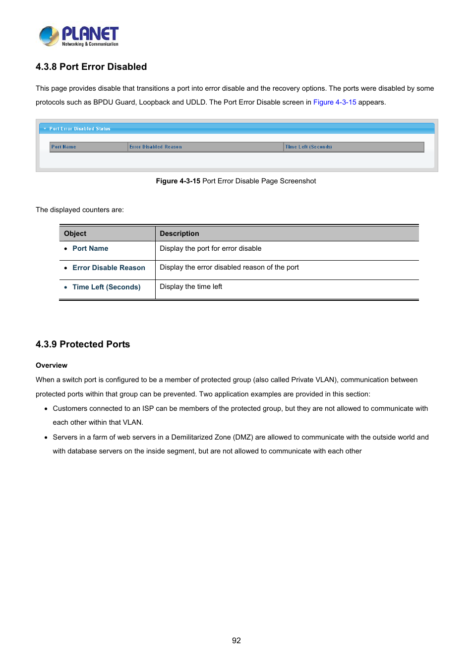 8 port error disabled, 9 protected ports | PLANET LRP-822CS User Manual | Page 92 / 346