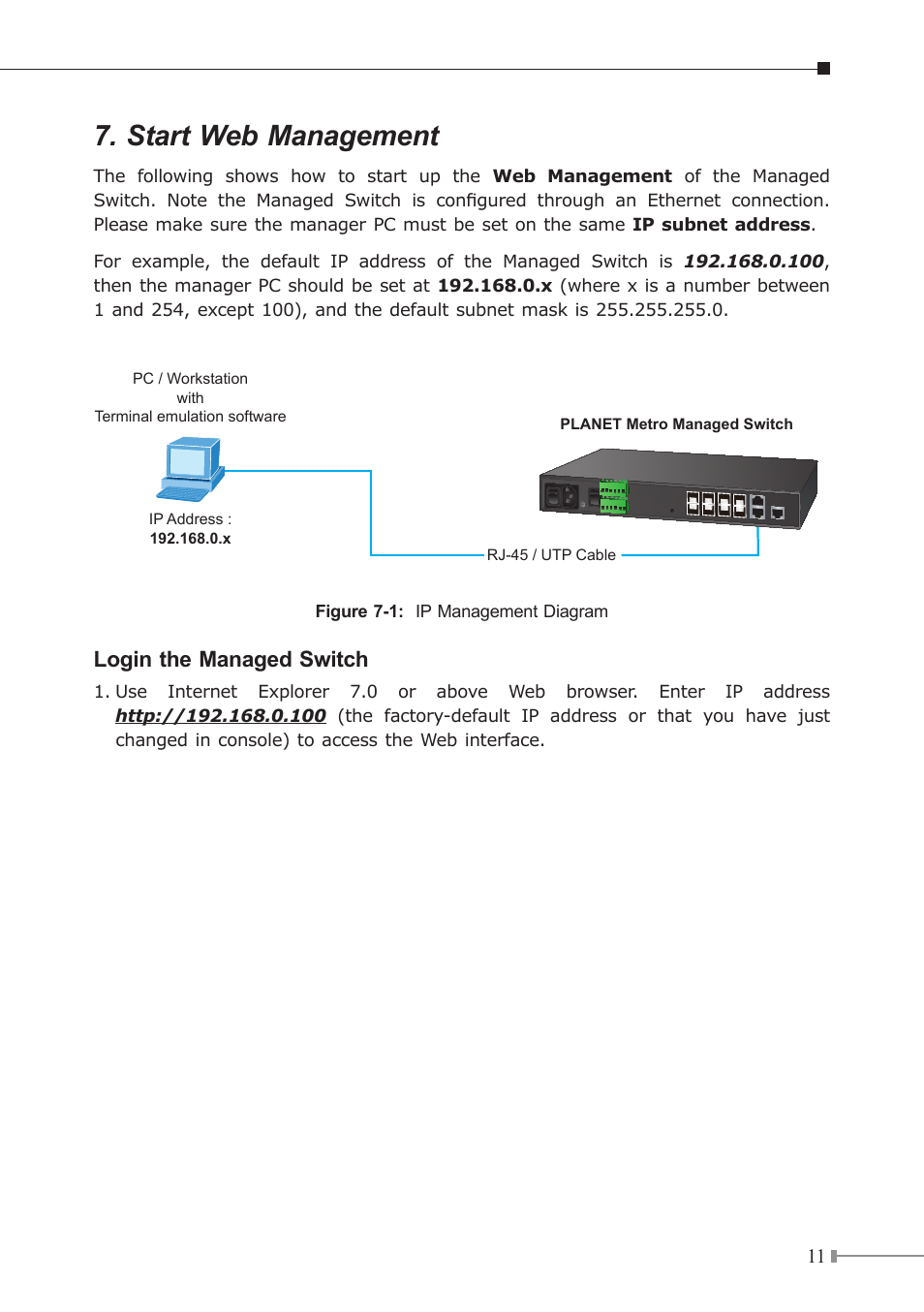 Start web management, Login the managed switch | PLANET MGSD-10080F User Manual | Page 11 / 16