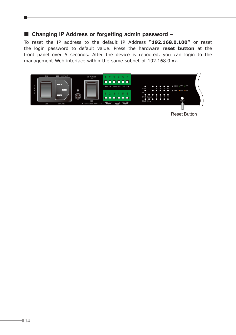 Changing ip address or forgetting admin password, Reset button | PLANET MGSD-10080F User Manual | Page 14 / 16