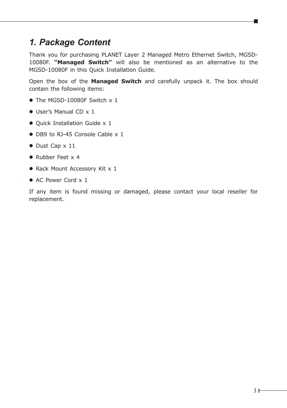 Package content | PLANET MGSD-10080F User Manual | Page 3 / 16