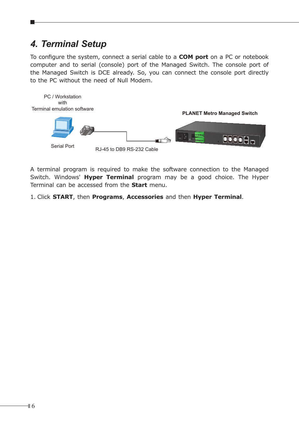 Terminal setup | PLANET MGSD-10080F User Manual | Page 6 / 16