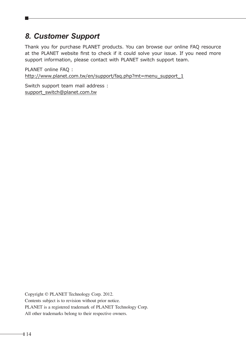 Customer support | PLANET MGSW-24160F User Manual | Page 14 / 16