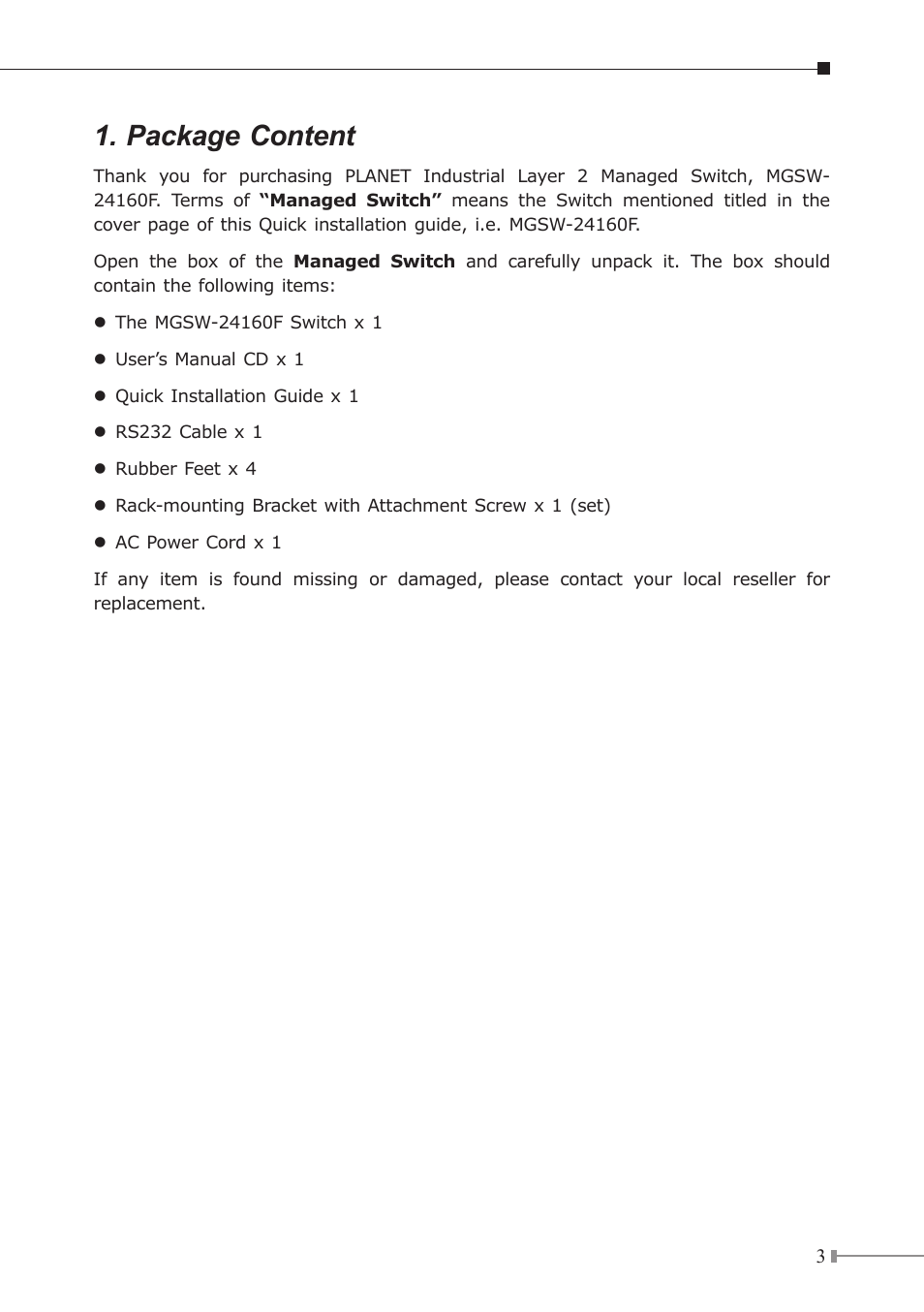 Package content | PLANET MGSW-24160F User Manual | Page 3 / 16