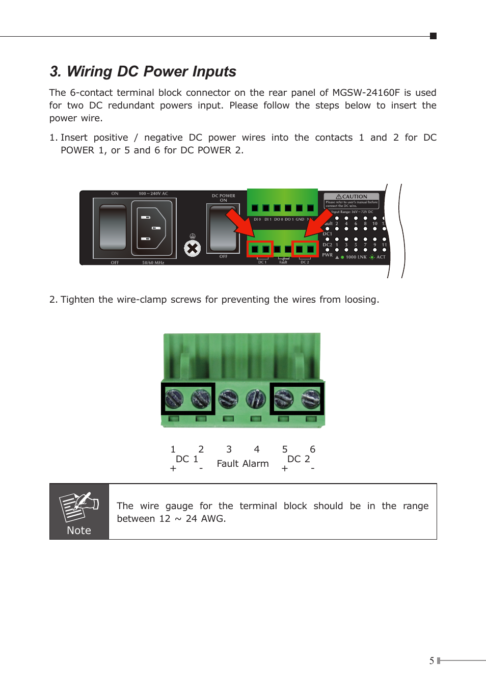 Wiring dc power inputs | PLANET MGSW-24160F User Manual | Page 5 / 16