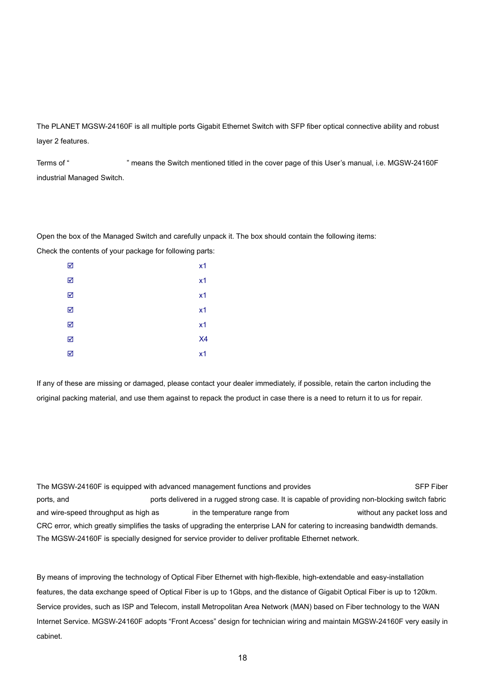 Introdution, 1 packet contents, 2 product description | PLANET MGSW-24160F User Manual | Page 18 / 523