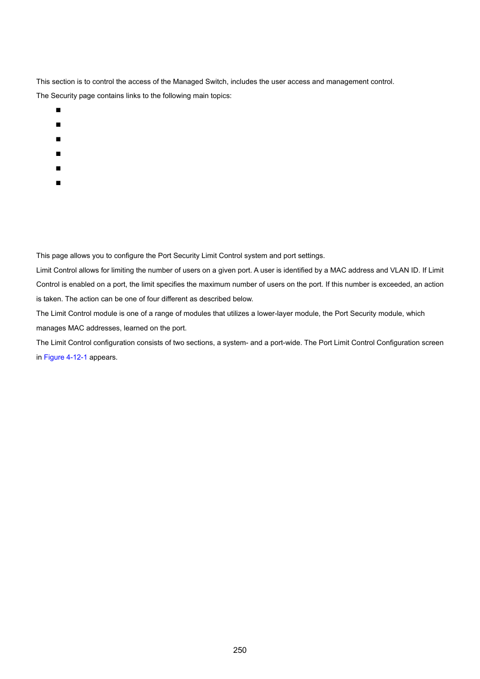 12 security, 1 port limit control | PLANET MGSW-24160F User Manual | Page 250 / 523