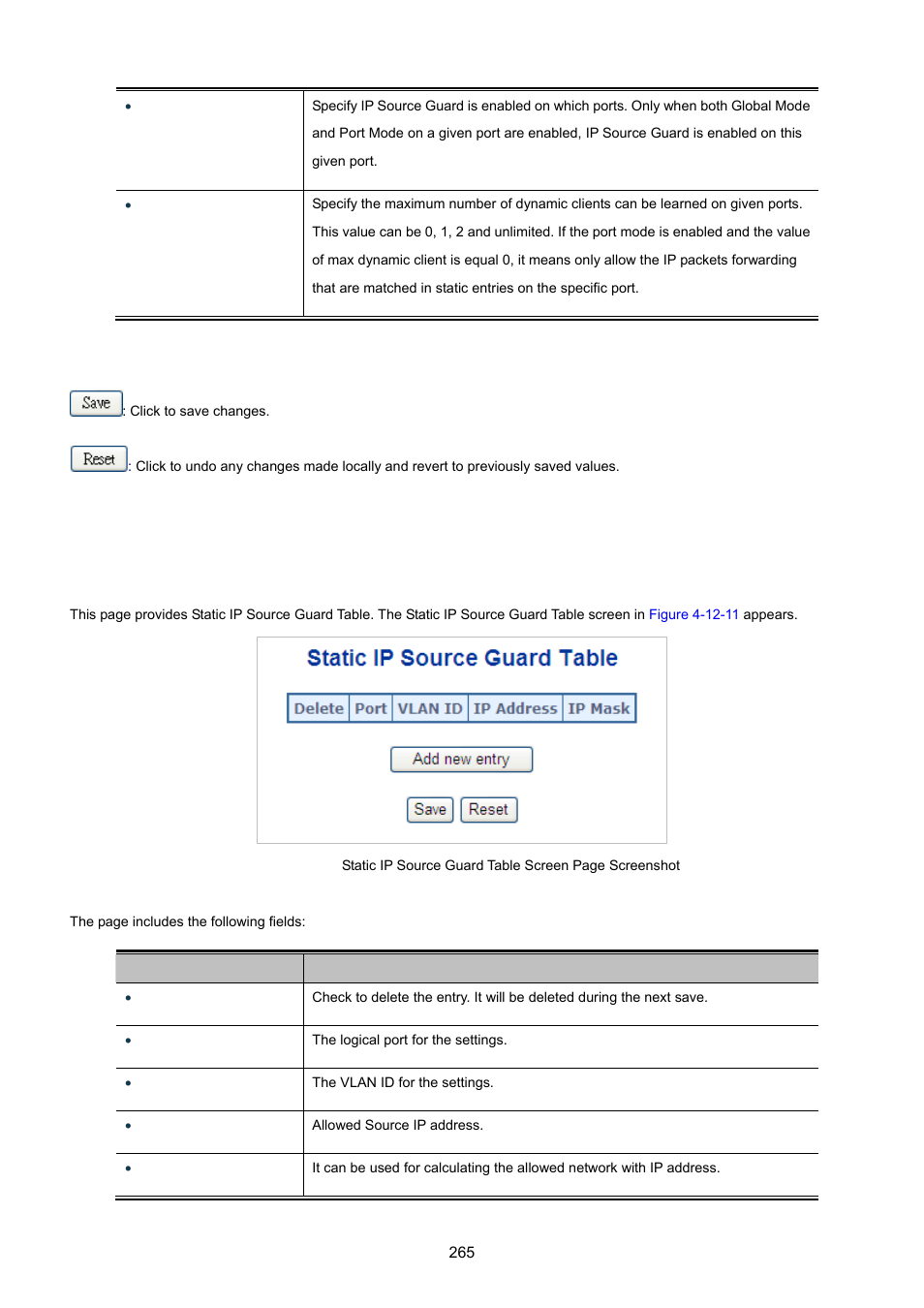 11 ip source guard static table | PLANET MGSW-24160F User Manual | Page 265 / 523