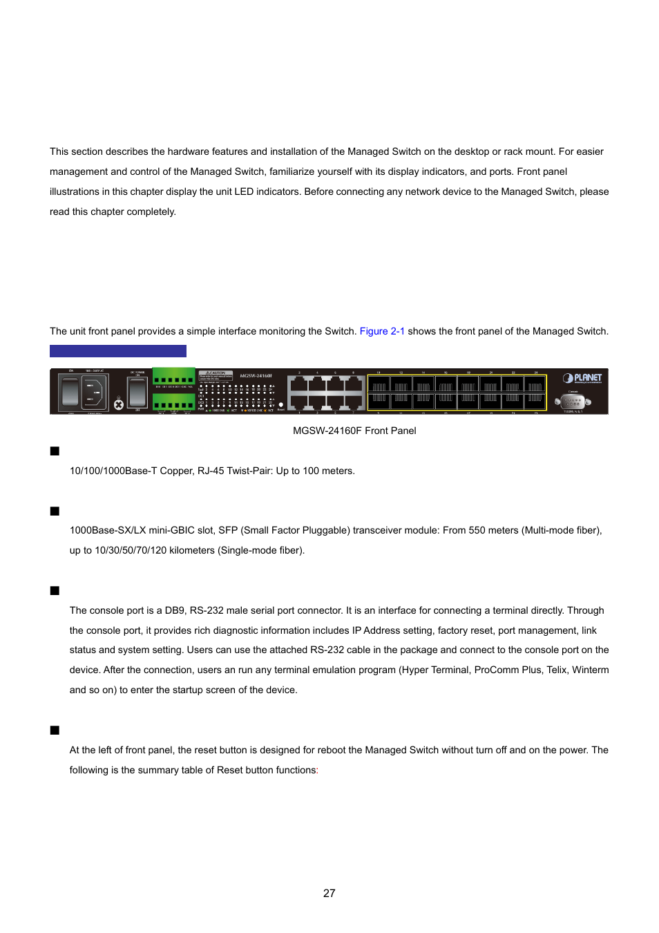Installation, 1 hardware description, 1 switch front panel | PLANET MGSW-24160F User Manual | Page 27 / 523