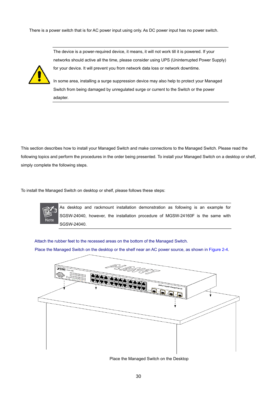 2 install the switch, 1 desktop installation | PLANET MGSW-24160F User Manual | Page 30 / 523