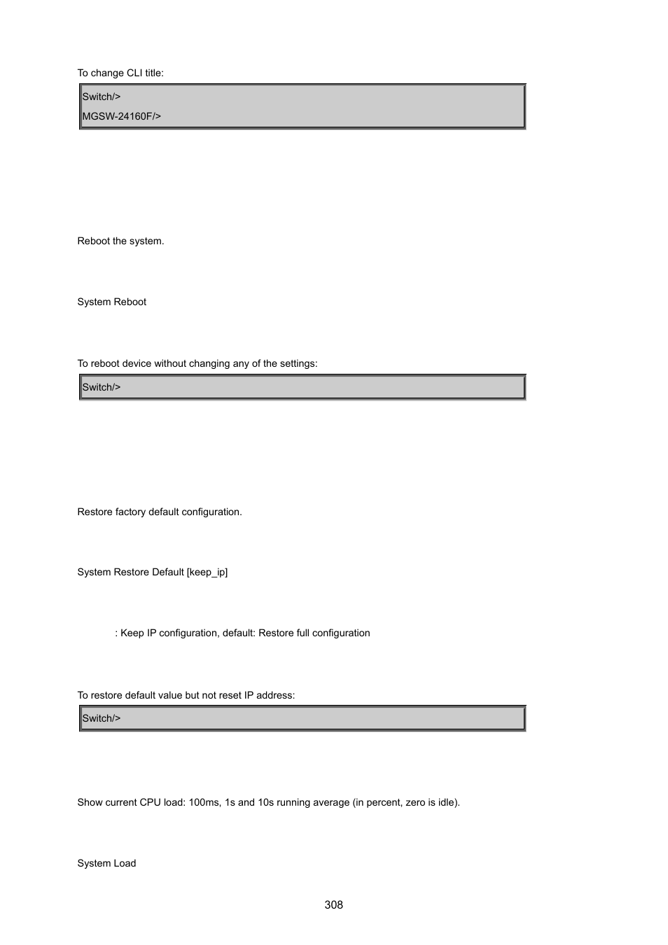 System reboot, System restore default, System load | PLANET MGSW-24160F User Manual | Page 308 / 523