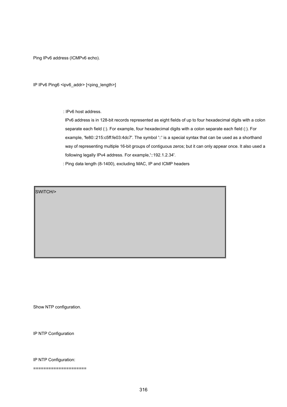 Ipv6 ping, Ip ntp configuration | PLANET MGSW-24160F User Manual | Page 316 / 523
